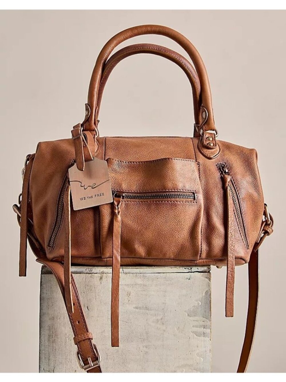 Free People Baby Emerson Tote Bag Saddle Brown Leather Boho Chic Contemporary